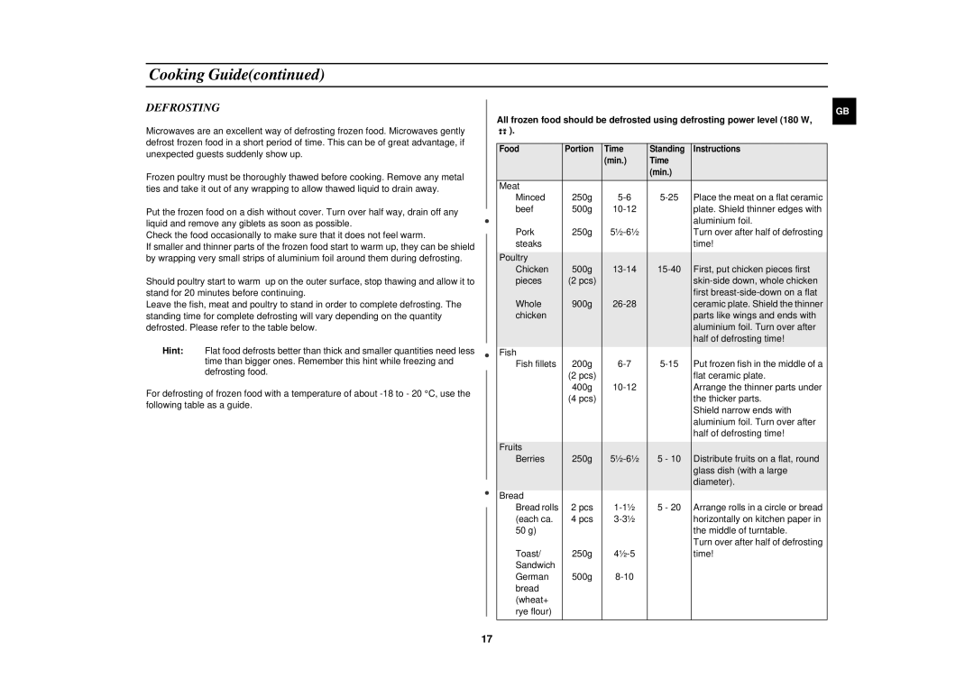 Samsung CE2618N/XEN manual Defrosting 