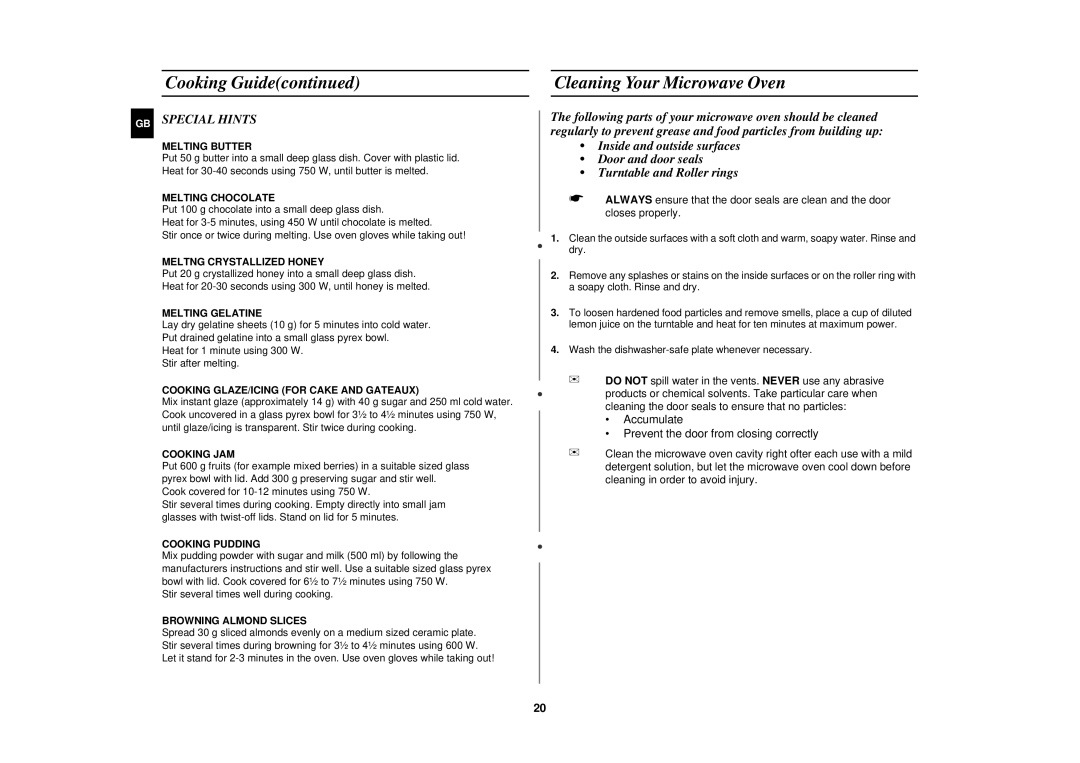 Samsung CE2618N/XEN manual Cleaning Your Microwave Oven, GB Special Hints 