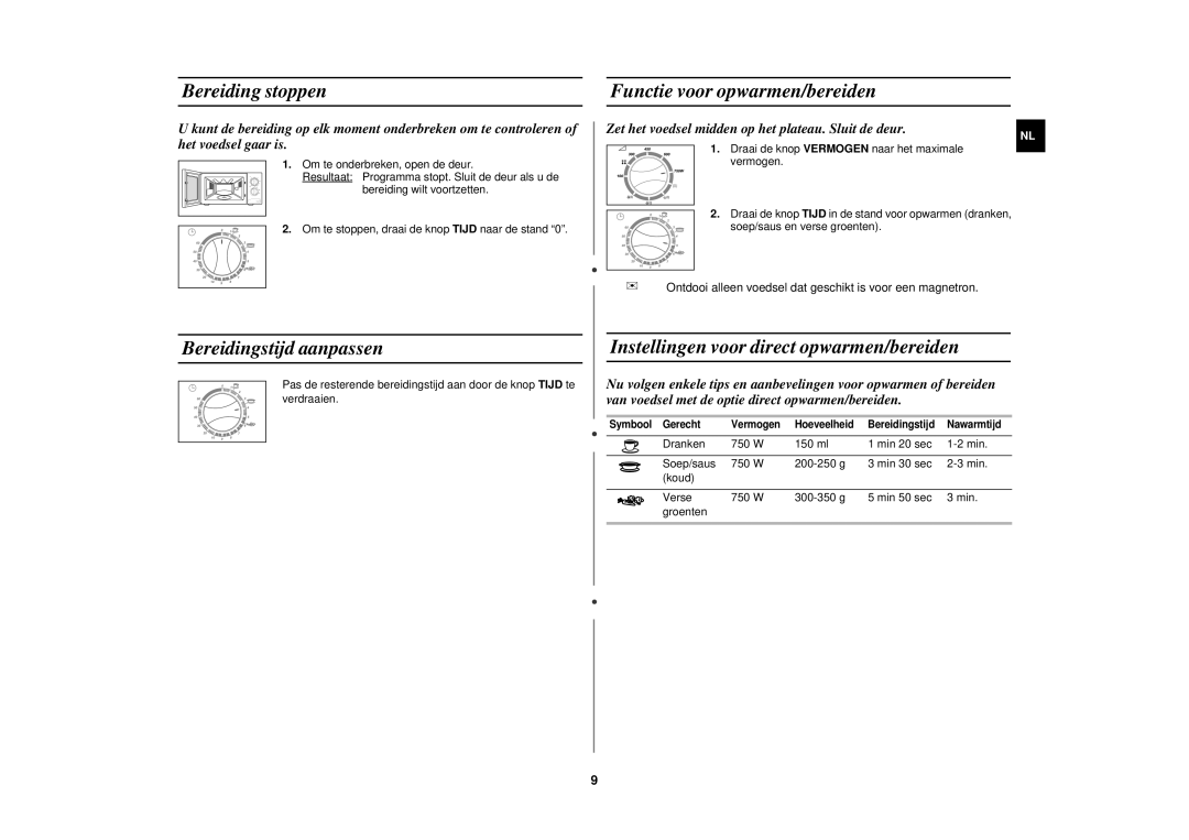 Samsung CE2618N/XEN manual Bereiding stoppen, Bereidingstijd aanpassen, Functie voor opwarmen/bereiden 