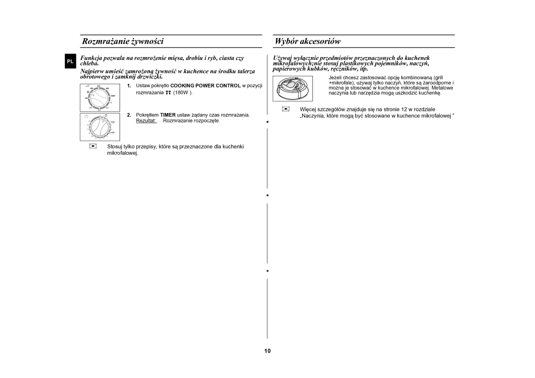 Samsung CE2618N/XEO manual Rozmrażanie żywności, Wybór akcesoriów 