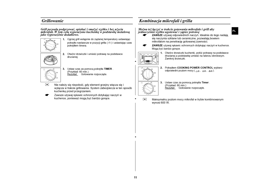 Samsung CE2618N/XEO manual Grillowanie, Kombinacja mikrofali i grilla, Pokrętłem Cooking Power Control wybierz 