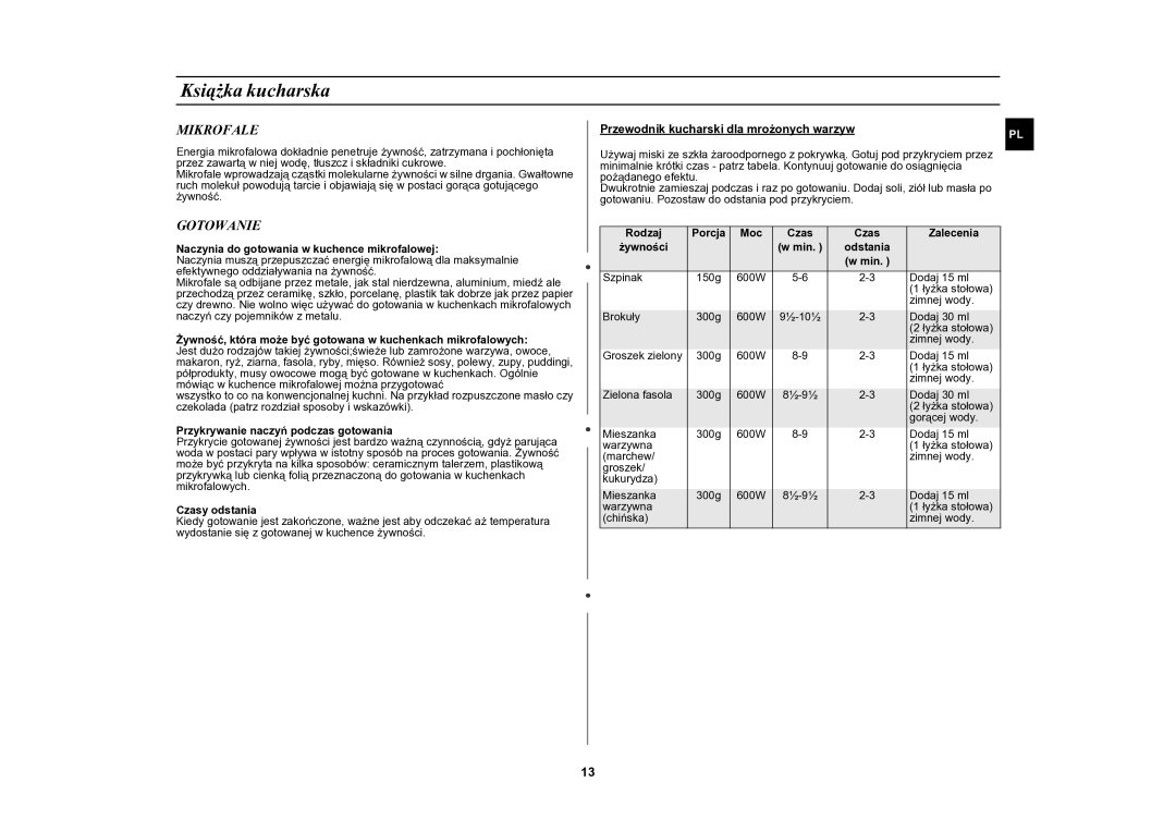 Samsung CE2618N/XEO manual Książka kucharska, Mikrofale, Gotowanie 