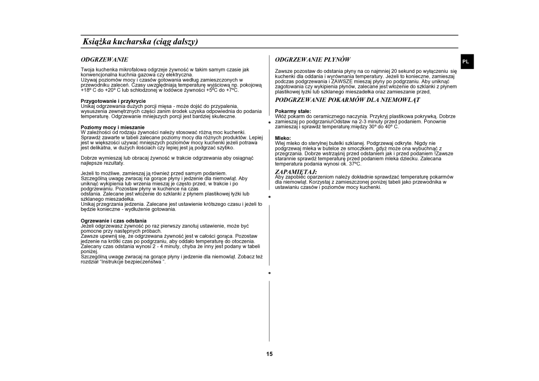 Samsung CE2618N/XEO manual Odgrzewanie Płynów, Podgrzewanie Pokarmów DLA Niemowląt, Zapamiętaj 