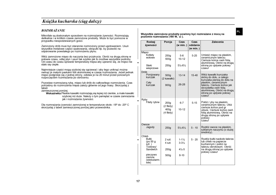 Samsung CE2618N/XEO manual Rozmrażanie 