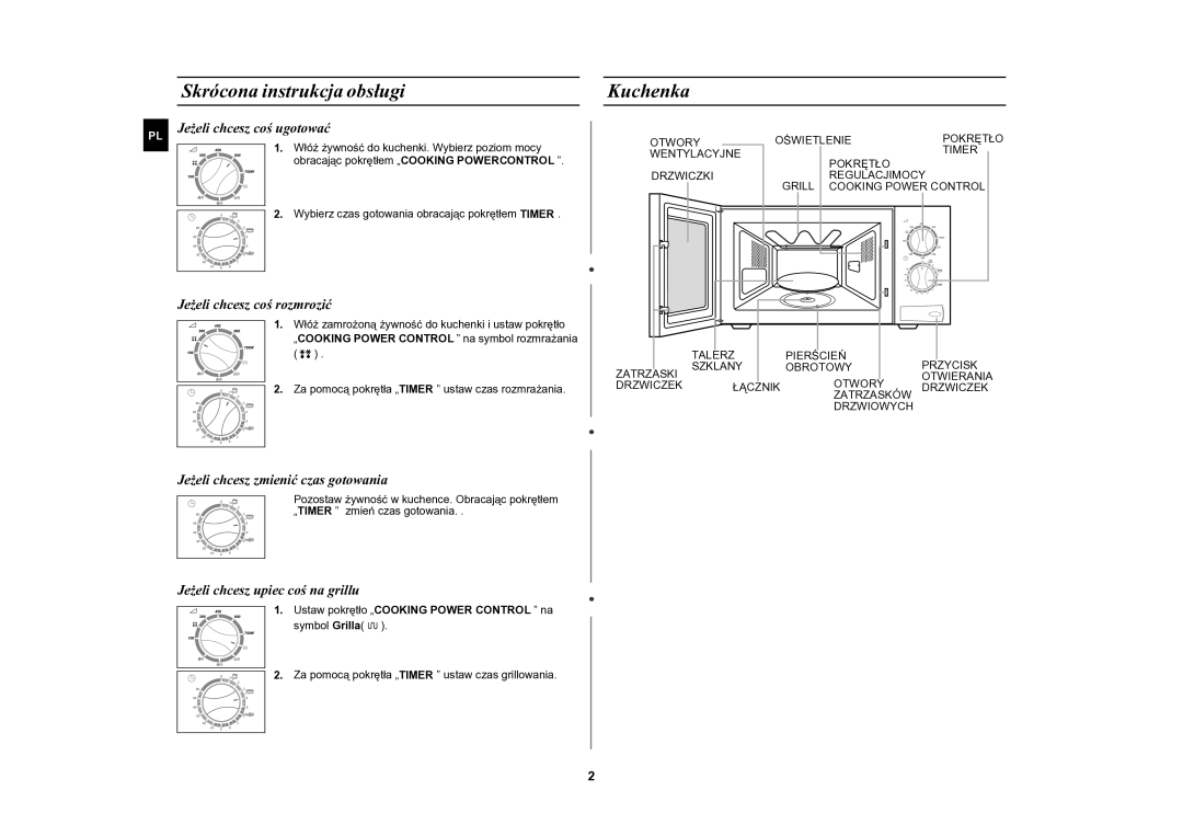 Samsung CE2618N/XEO manual Skrócona instrukcja obsługi, Kuchenka, Ustaw pokrętło „COOKING Power Control na symbol Grilla 