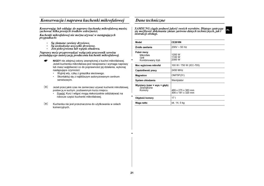 Samsung CE2618N/XEO manual Konserwacja i naprawa kuchenki mikrofalowej, Dane techniczne 