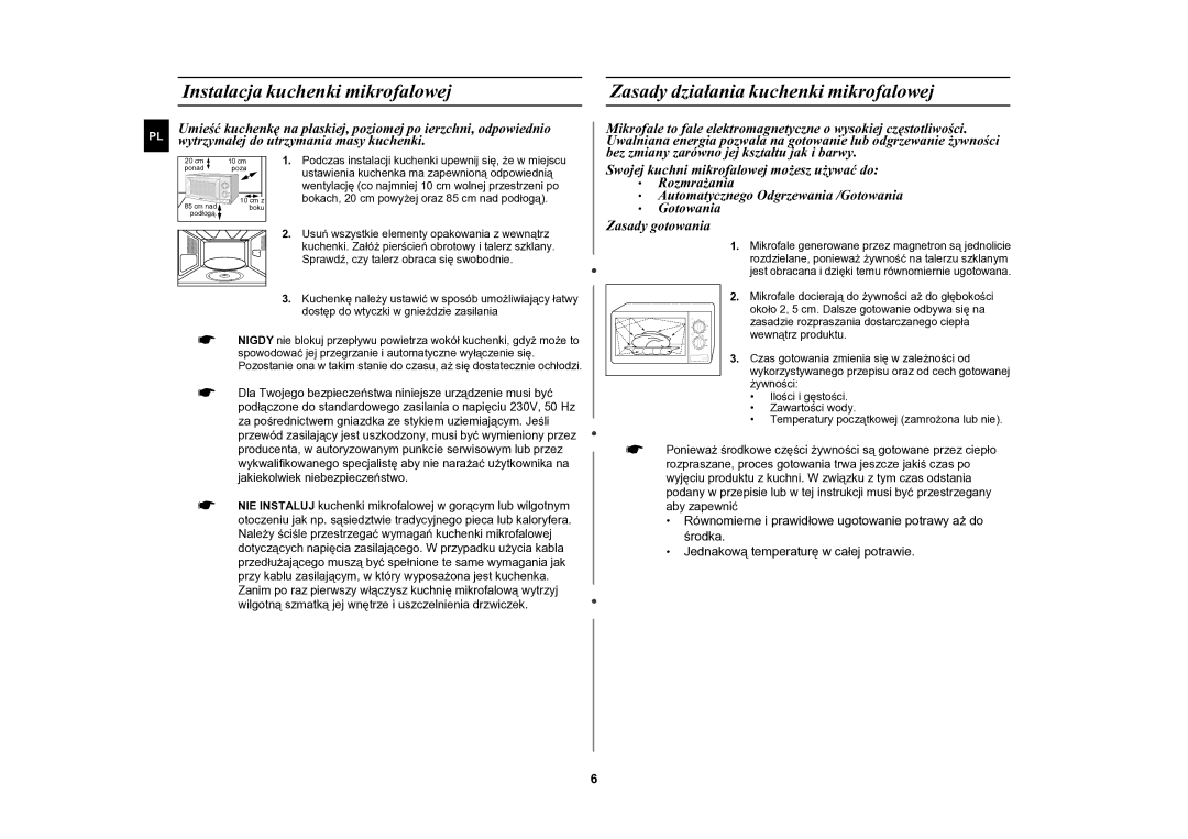 Samsung CE2618N/XEO manual Instalacja kuchenki mikrofalowej, Zasady działania kuchenki mikrofalowej 