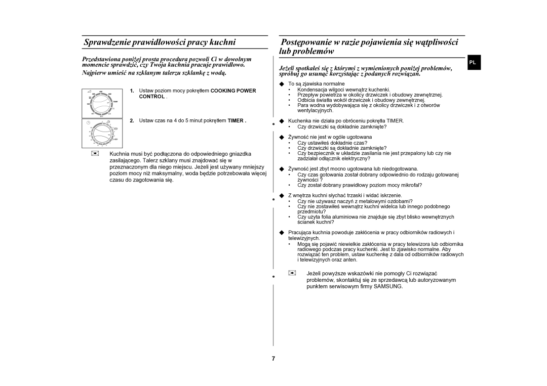 Samsung CE2618N/XEO manual Sprawdzenie prawidłowości pracy kuchni, Najpierw umieść na szklanym talerzu szklankę z wodą 