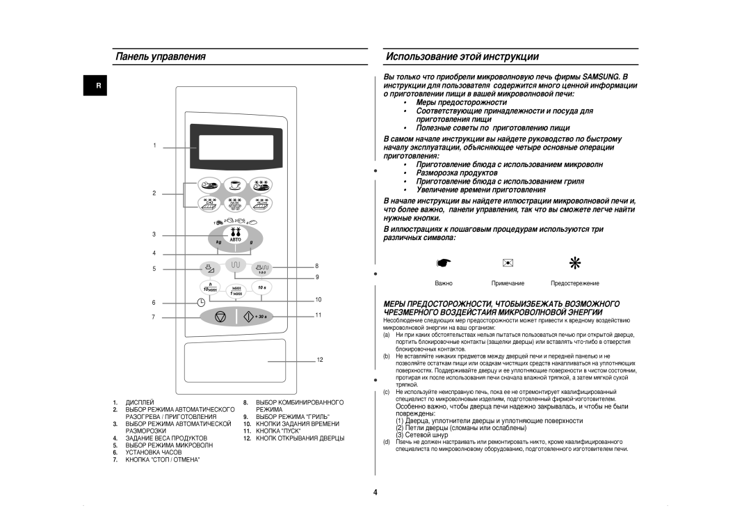 Samsung CE2638NR/BWT manual ‡ÌÂÎ¸ ÛÔ‡‚ÎÂÌËﬂ, Àòôóî¸Áó‚‡Ìëâ ˝Úóè Ëìòúûíˆëë, ‡Áïóóáí‡ Ôó‰Ûíúó‚, ÌÛÊÌ˚Â Íìóôíë, ‡Êìó 