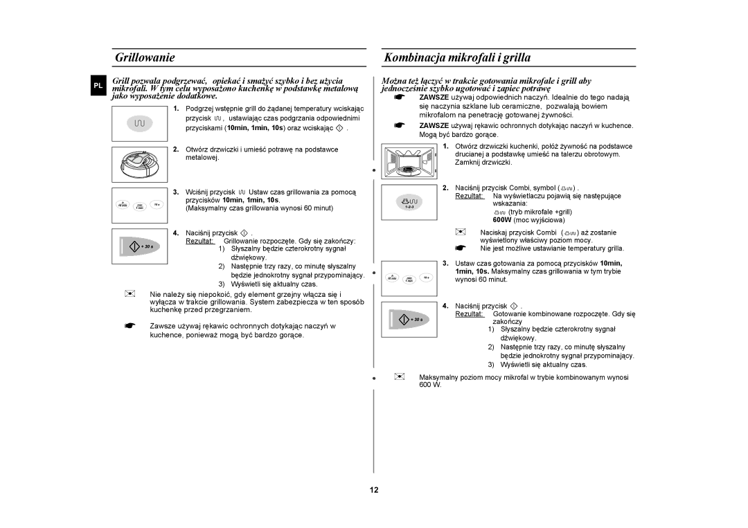 Samsung CE2638N/XEO manual Grillowanie, Kombinacja mikrofali i grilla, Przycisków 10min, 1min, 10s 