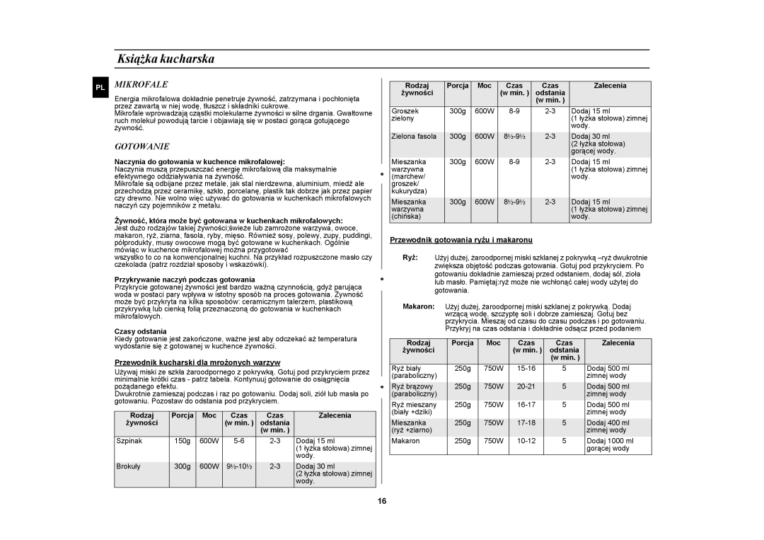 Samsung CE2638N/XEO manual Książka kucharska, Mikrofale, Gotowanie 