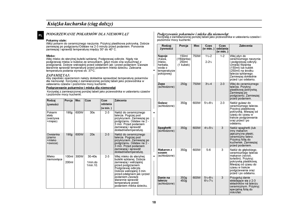 Samsung CE2638N/XEO manual Podgrzewanie Pokarmów DLA Niemowląt, Zapamiętaj, Podgrzewanie pokarmów i mleka dla niemowląt 