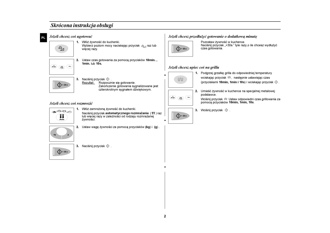 Samsung CE2638N/XEO manual Skrócona instrukcja obsługi, Jeżeli chcesz coś ugotować, Jeżeli chcesz coś rozmrozić 