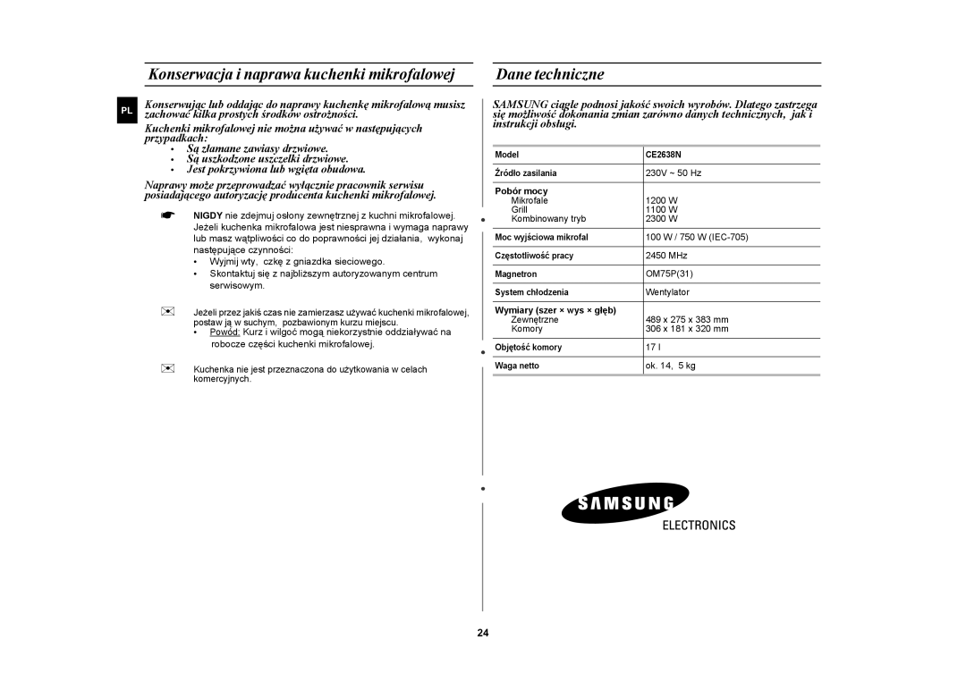 Samsung CE2638N/XEO Konserwacja i naprawa kuchenki mikrofalowej, Dane techniczne, Pobór mocy, Wymiary szer × wys × głęb 