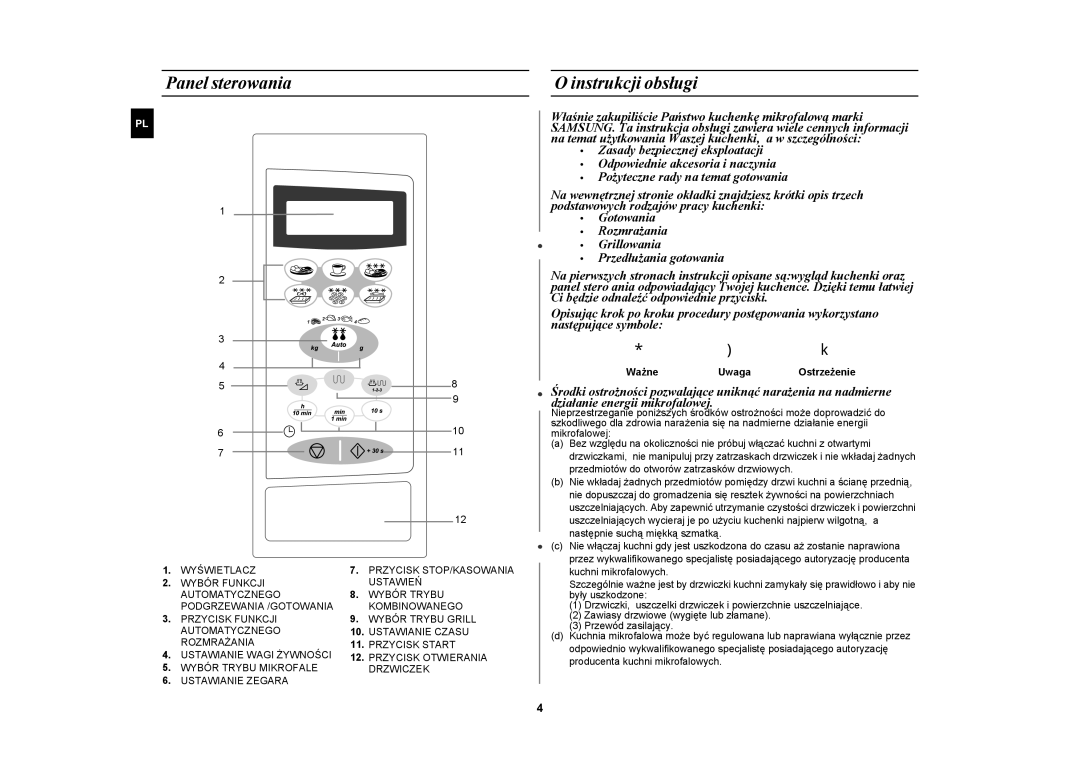 Samsung CE2638N/XEO manual Panel sterowania, Instrukcji obsługi, WażneUwaga Ostrzeżenie 