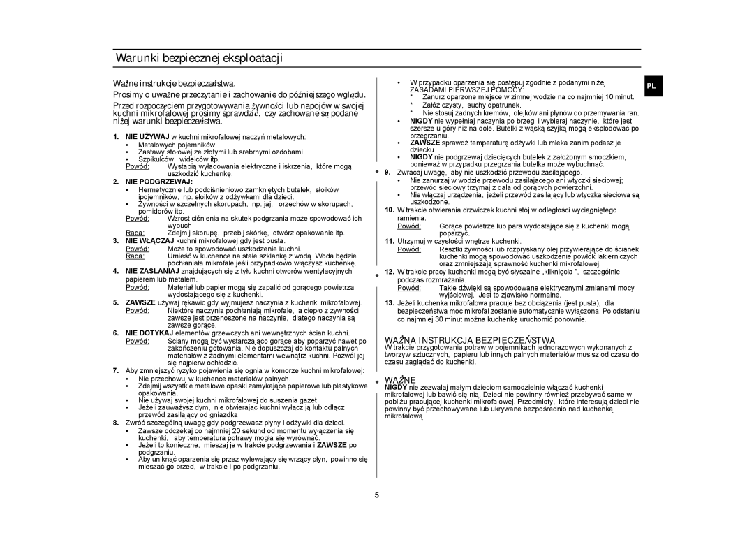 Samsung CE2638N/XEO manual Warunki bezpiecznej eksploatacji, Ważna Instrukcja Bezpieczeństwa, Ważne, NIE Podgrzewaj 