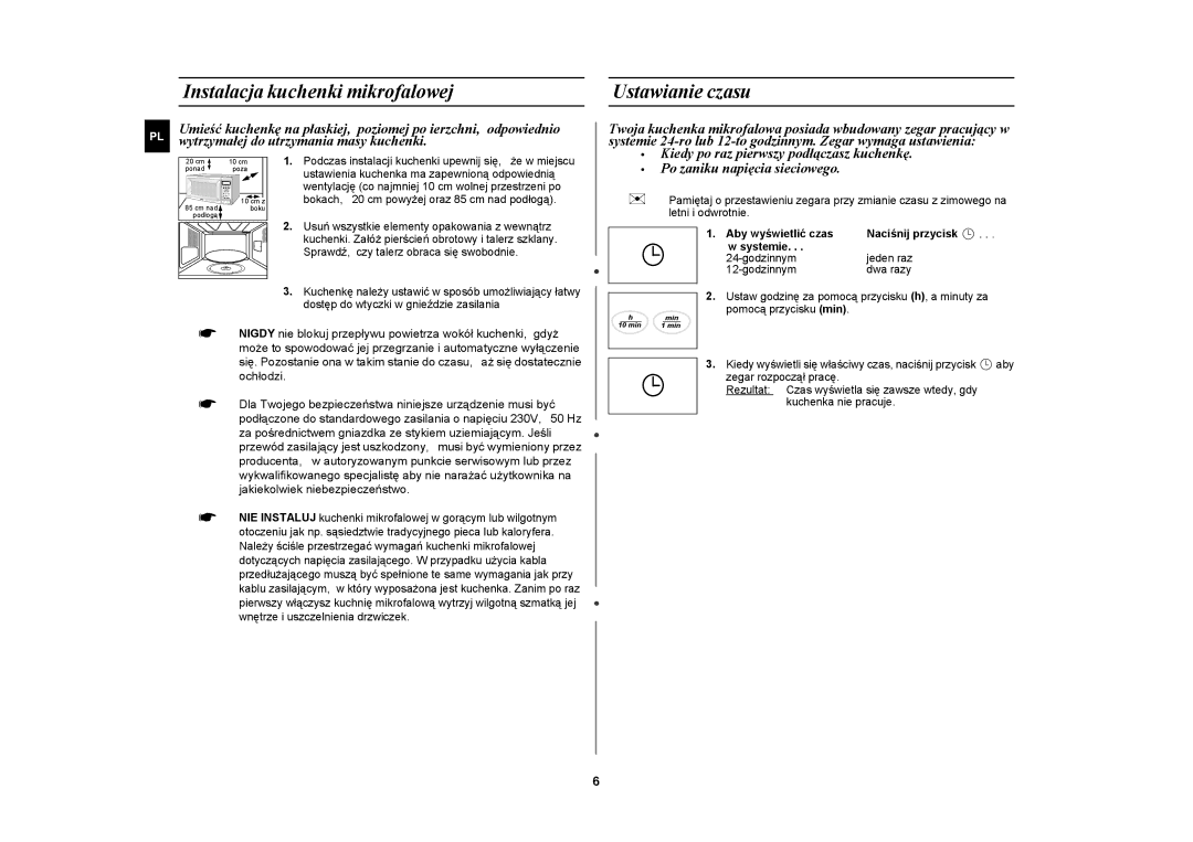 Samsung CE2638N/XEO Instalacja kuchenki mikrofalowej, Ustawianie czasu, Aby wyświetlić czas Naciśnij przycisk Systemie 