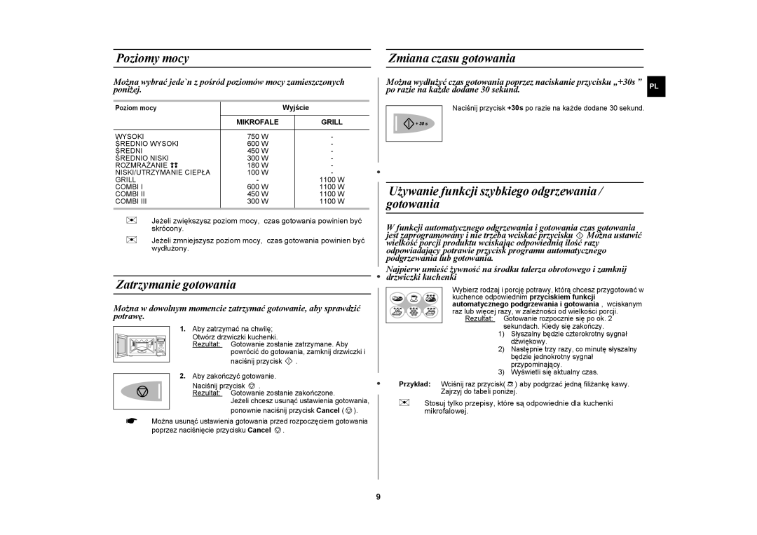 Samsung CE2638N/XEO manual Poziomy mocy, Zatrzymanie gotowania, Zmiana czasu gotowania, Mikrofale 