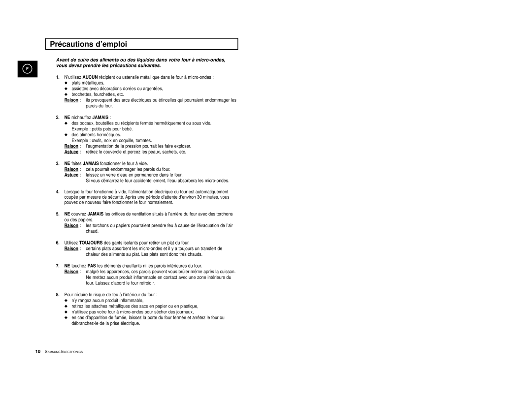 Samsung CE2713/XEF, CE2713-Y/XEF, CE2713-V/XEF, CE2713/XSV manual Précautions d’emploi 