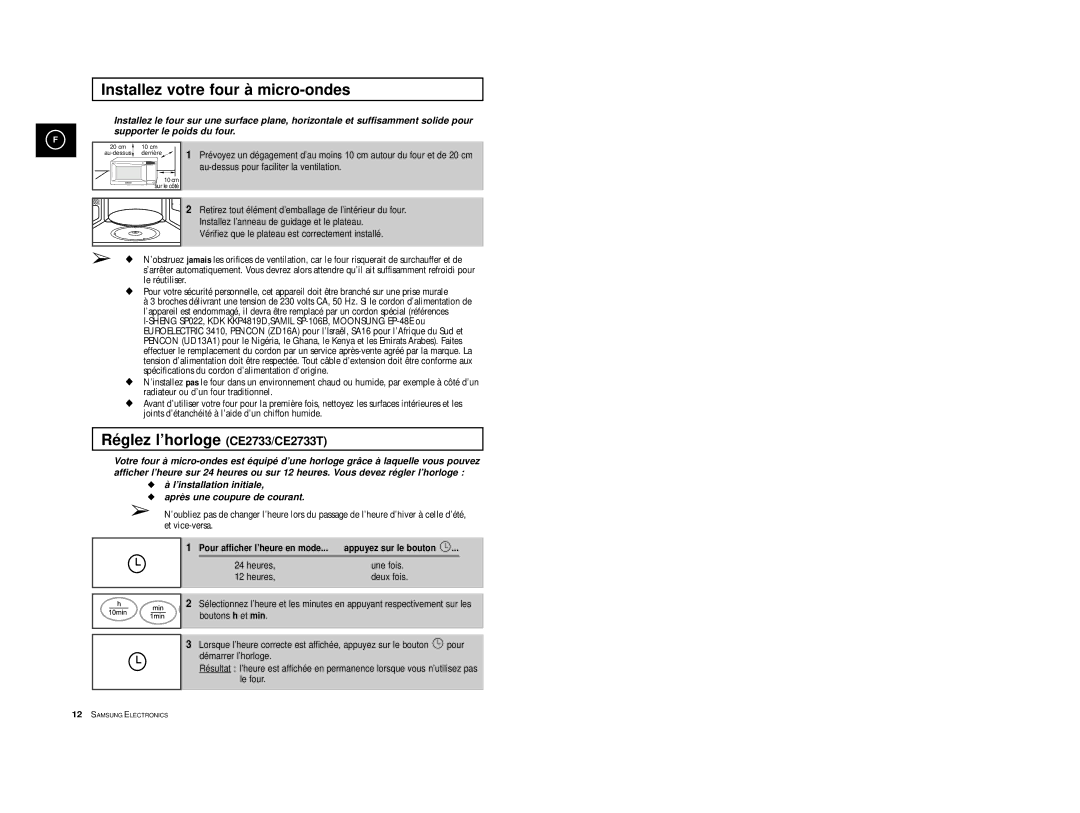 Samsung CE2713-Y/XEF, CE2713-V/XEF, CE2713/XEF manual Installez votre four à micro-ondes, Réglez l’horloge CE2733/CE2733T 