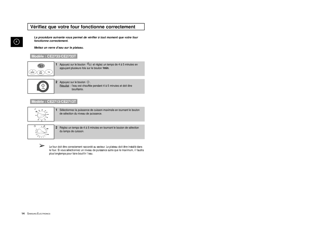 Samsung CE2713/XEF, CE2713-Y/XEF, CE2713-V/XEF, CE2713/XSV manual Vérifiez que votre four fonctionne correctement 