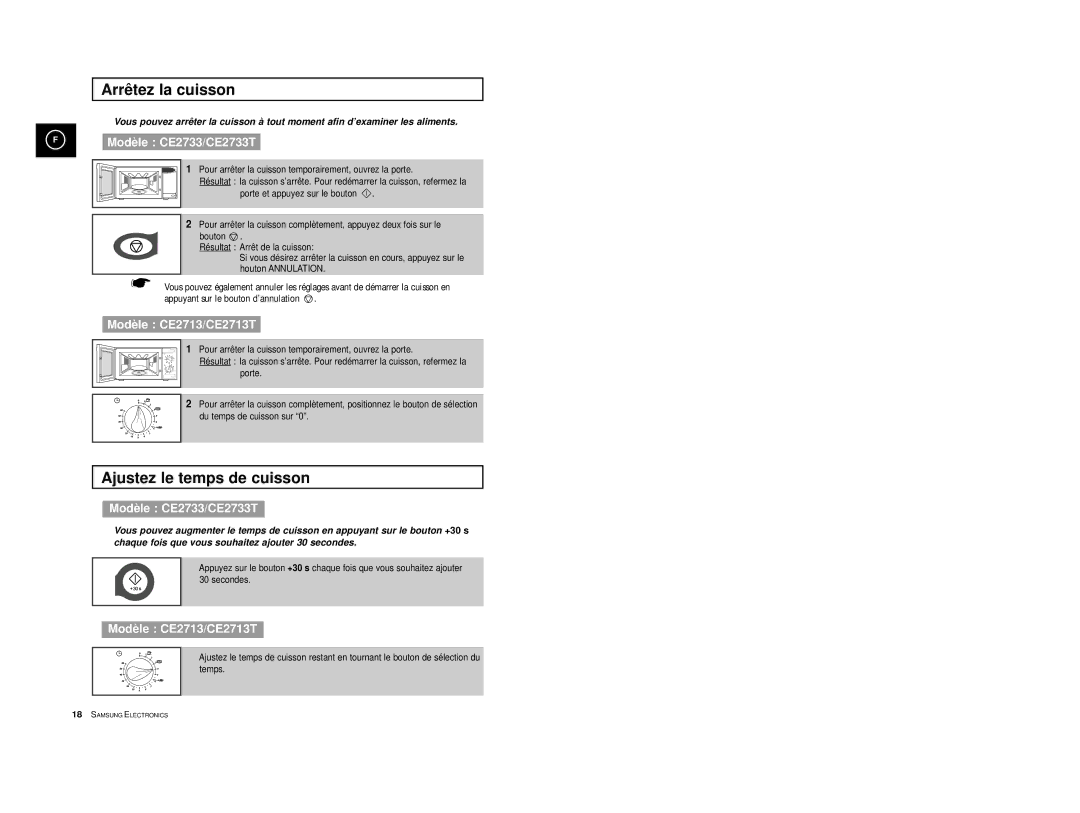 Samsung CE2713/XEF, CE2713-Y/XEF, CE2713-V/XEF, CE2713/XSV manual Arrê tez la cuisson, Ajustez le temps de cuisson 