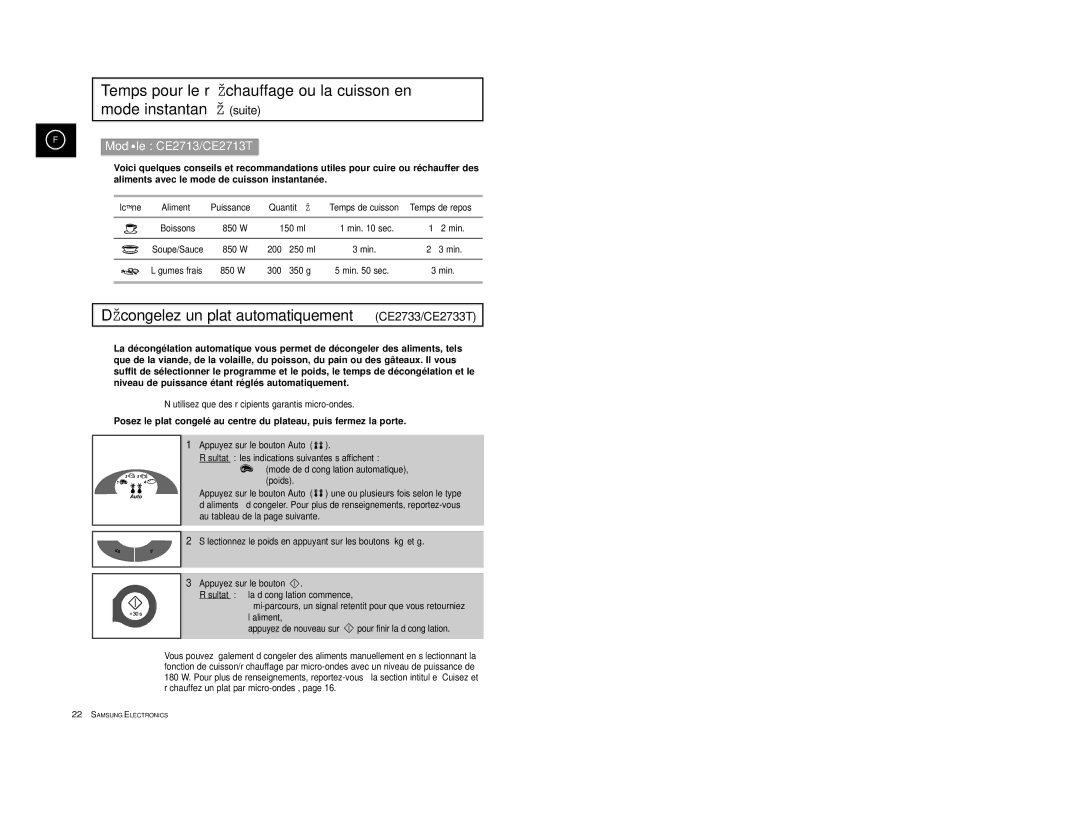 Samsung CE2713/XEF, CE2713-Y/XEF, CE2713-V/XEF, CE2713/XSV manual Dé congelez un plat automatiquement CE2733/CE2733T, Icô ne 