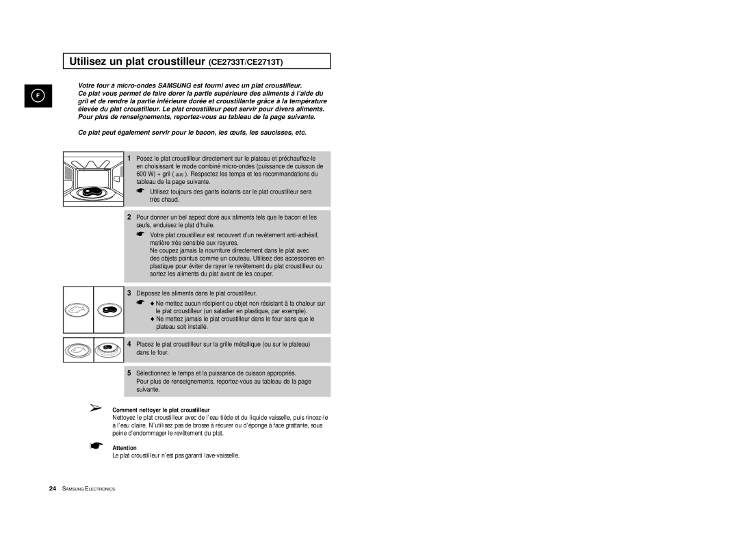 Samsung CE2713-Y/XEF, CE2713-V/XEF Utilisez un plat croustilleur CE2733T/CE2713T, Comment nettoyer le plat croustilleur 