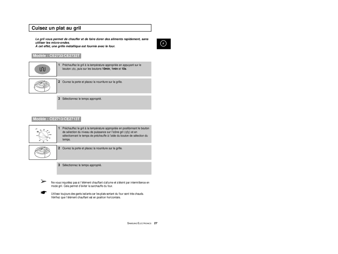 Samsung CE2713/XSV, CE2713-Y/XEF, CE2713-V/XEF, CE2713/XEF manual Cuisez un plat au gril 