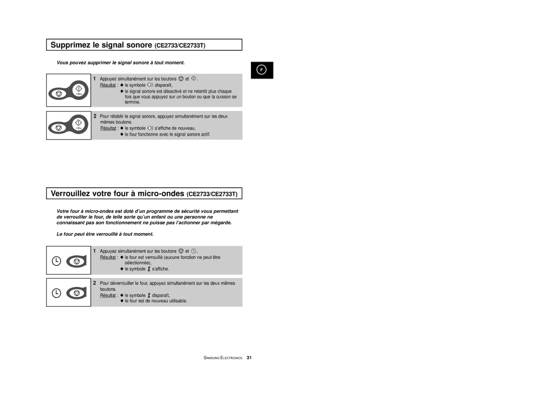 Samsung CE2713/XSV manual Supprimez le signal sonore CE2733/CE2733T, Verrouillez votre four à micro-ondes CE2733/CE2733T 