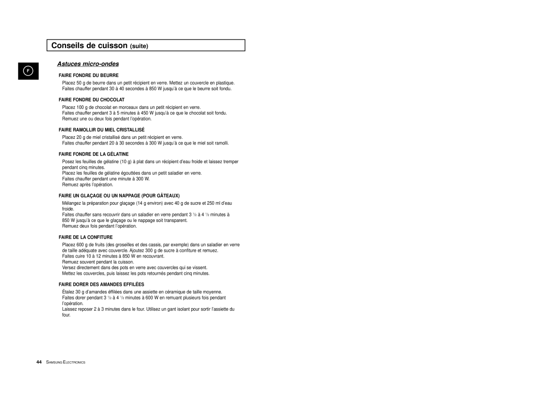 Samsung CE2713-Y/XEF, CE2713-V/XEF, CE2713/XEF, CE2713/XSV manual Astuces micro-ondes 