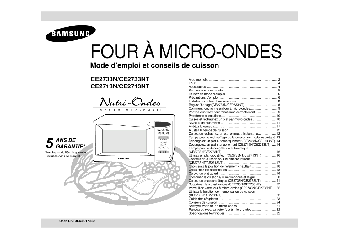 Samsung CE2713N/XEF, CE2713N-Y/XEF manual Four À MICRO-ONDES, Code N. DE68-01786D 