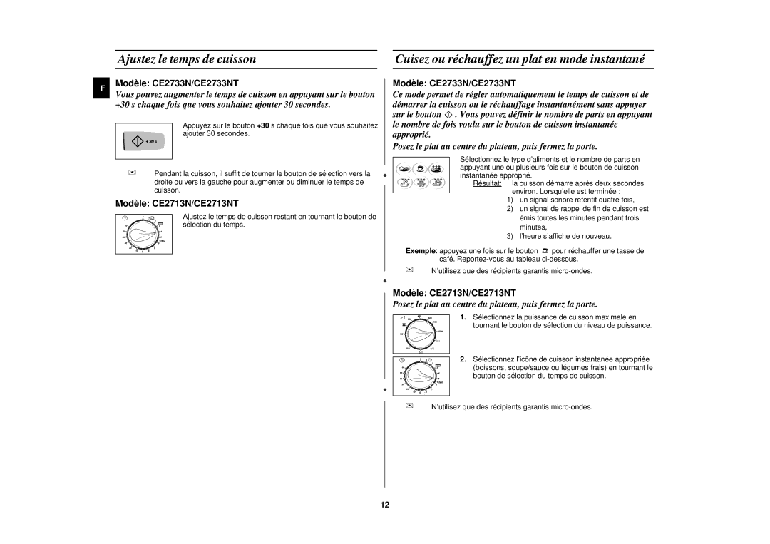 Samsung CE2713N-Y/XEF, CE2713N/XEF manual Ajustez le temps de cuisson, Cuisez ou réchauffez un plat en mode instantané 