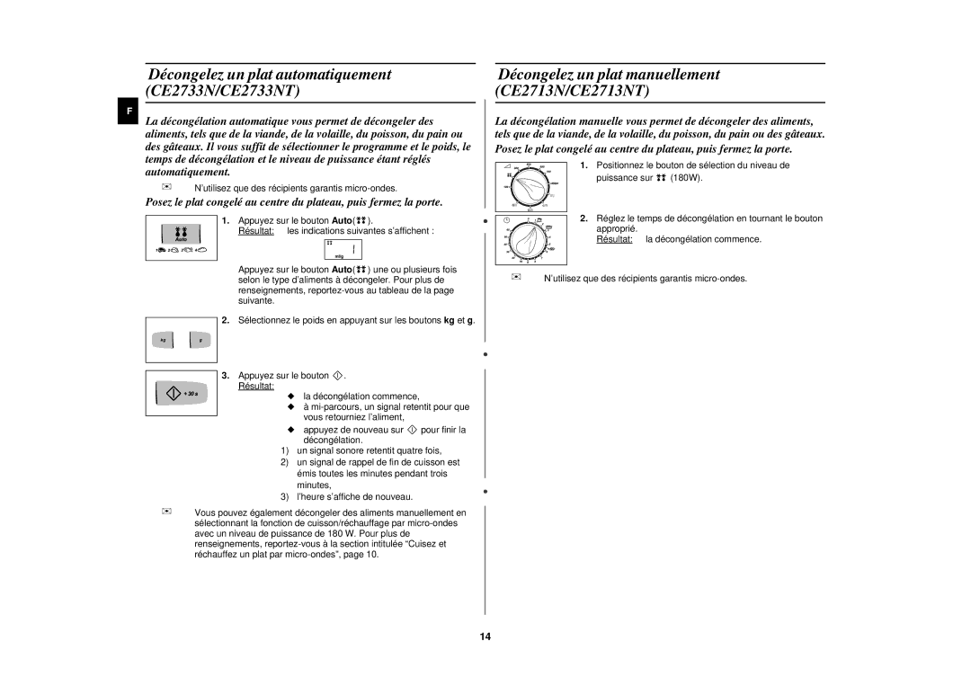 Samsung CE2713N-Y/XEF, CE2713N/XEF manual Décongelez un plat automatiquement CE2733N/CE2733NT 