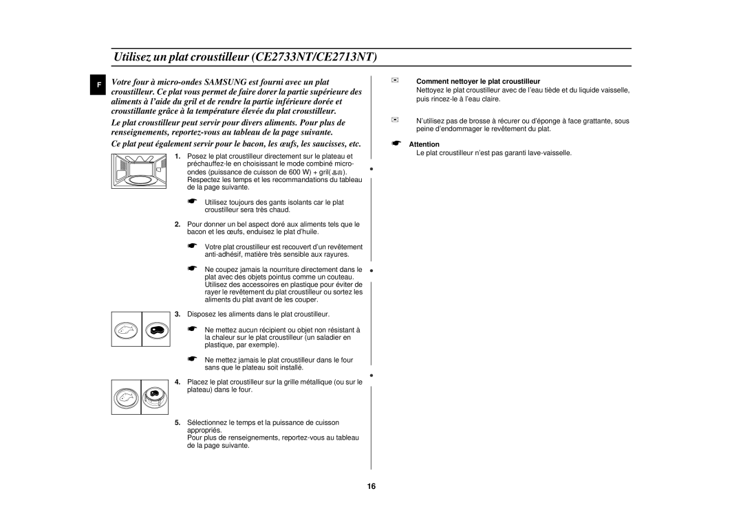 Samsung CE2713N-Y/XEF, CE2713N/XEF Utilisez un plat croustilleur CE2733NT/CE2713NT, Comment nettoyer le plat croustilleur 