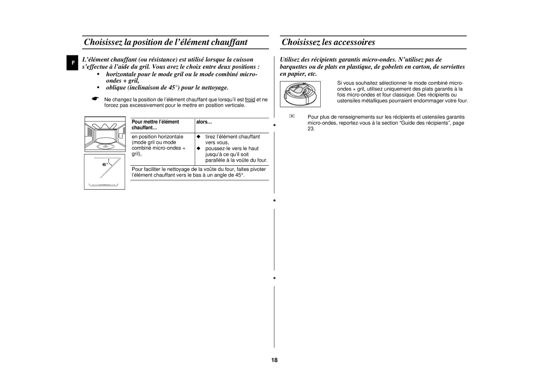 Samsung CE2713N-Y/XEF, CE2713N/XEF manual Choisissez la position de l’élément chauffant, Choisissez les accessoires 