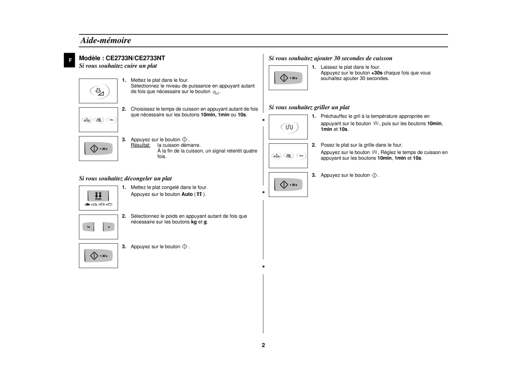 Samsung CE2713N-Y/XEF, CE2713N/XEF manual Aide-mémoire, Modèle CE2733N/CE2733NT 