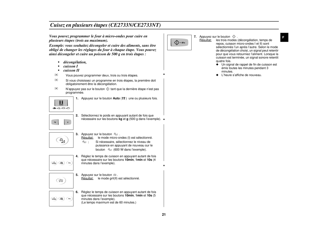 Samsung CE2713N/XEF, CE2713N-Y/XEF manual Cuisez en plusieurs étapes CE2733N/CE2733NT, Décongélation Cuisson 