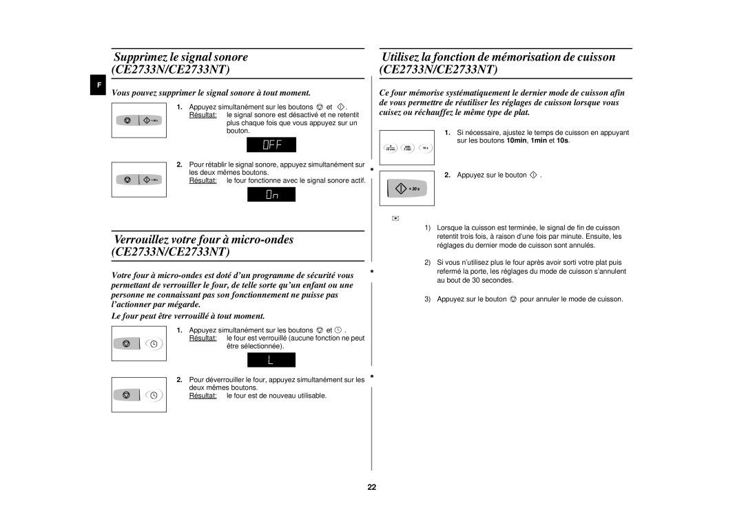 Samsung CE2713N-Y/XEF, CE2713N/XEF manual Supprimez le signal sonore CE2733N/CE2733NT 