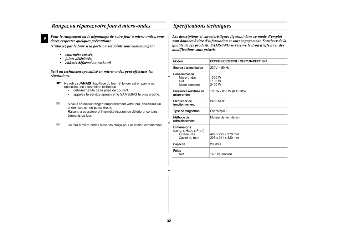 Samsung CE2713N-Y/XEF, CE2713N/XEF manual Dimensions 