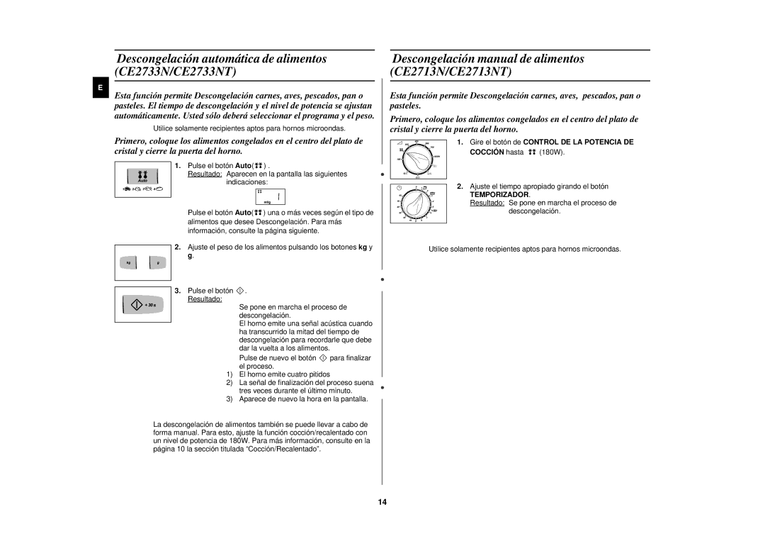 Samsung CE2713N/XEC manual Descongelación automática de alimentos CE2733N/CE2733NT 