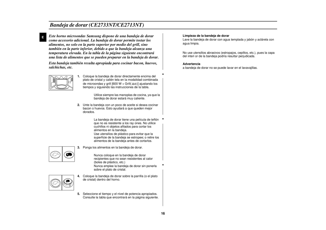 Samsung CE2713N/XEC manual Bandeja de dorar CE2733NT/CE2713NT, Limpieza de la bandeja de dorar, Advertencia 