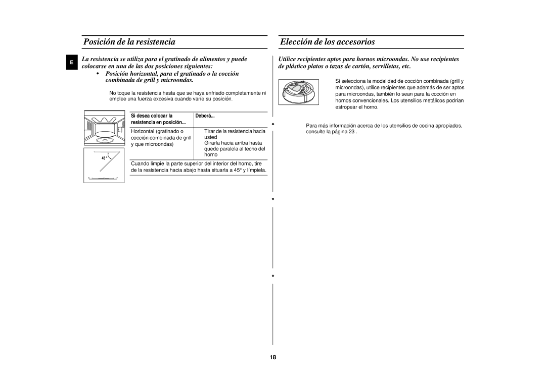 Samsung CE2713N/XEC manual Posición de la resistencia Elección de los accesorios 