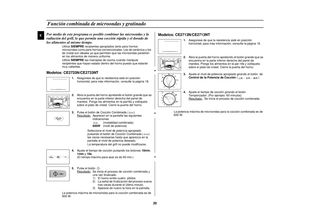 Samsung CE2713N/XEC manual Función combinada de microondas y gratinado, Control de la Potencia de Cocción 