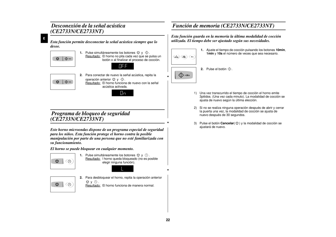 Samsung CE2713N/XEC manual Programa de bloqueo de seguridad CE2733N/CE2733NT, Función de memoria CE2733N/CE2733NT 