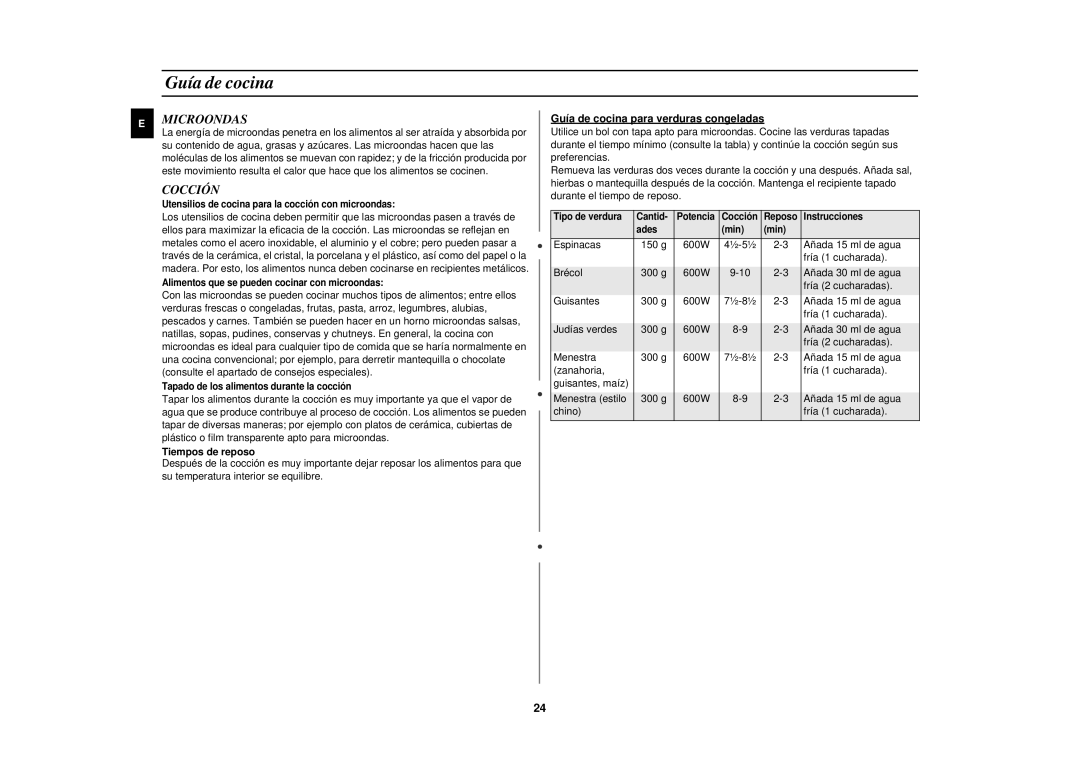 Samsung CE2713N/XEC manual Microondas, Cocción, Tiempos de reposo, Guía de cocina para verduras congeladas 