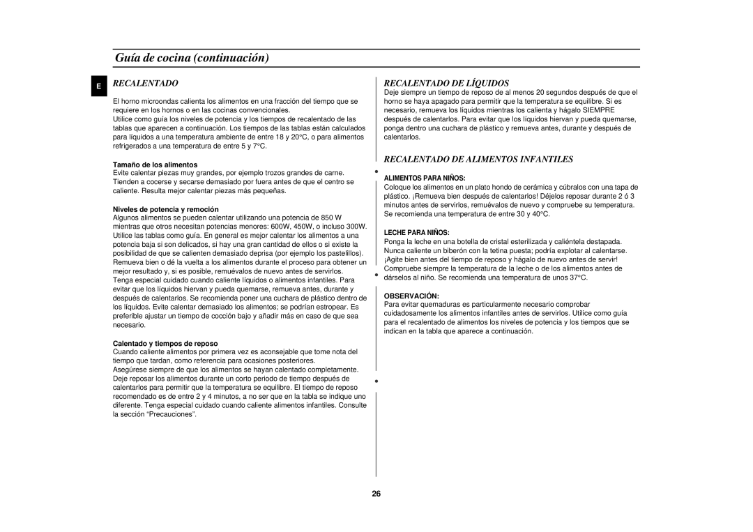 Samsung CE2713N/XEC manual Recalentado DE Líquidos, Recalentado DE Alimentos Infantiles 