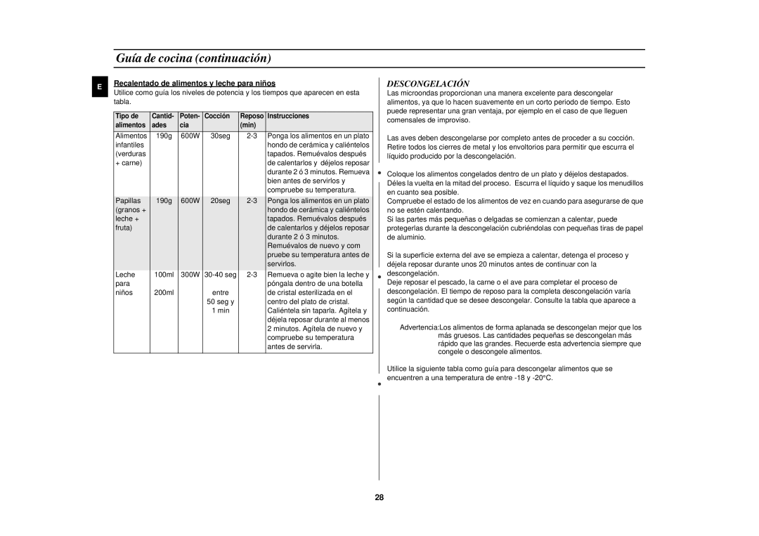 Samsung CE2713N/XEC manual Descongelación, Recalentado de alimentos y leche para niños 