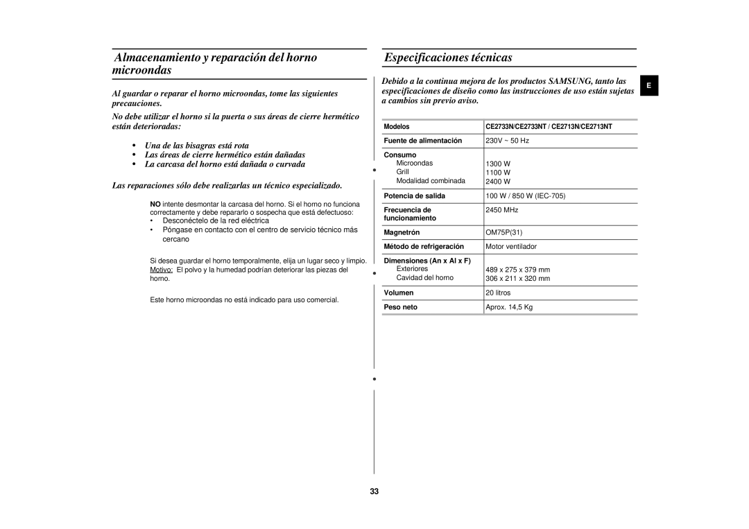 Samsung CE2713N/XEC manual Almacenamiento y reparación del horno microondas, Especificaciones técnicas 