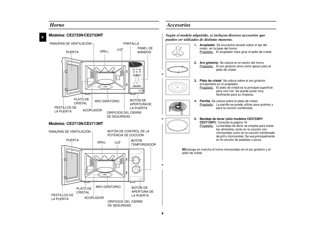 Samsung CE2713N/XEC manual Horno, Accesorios 